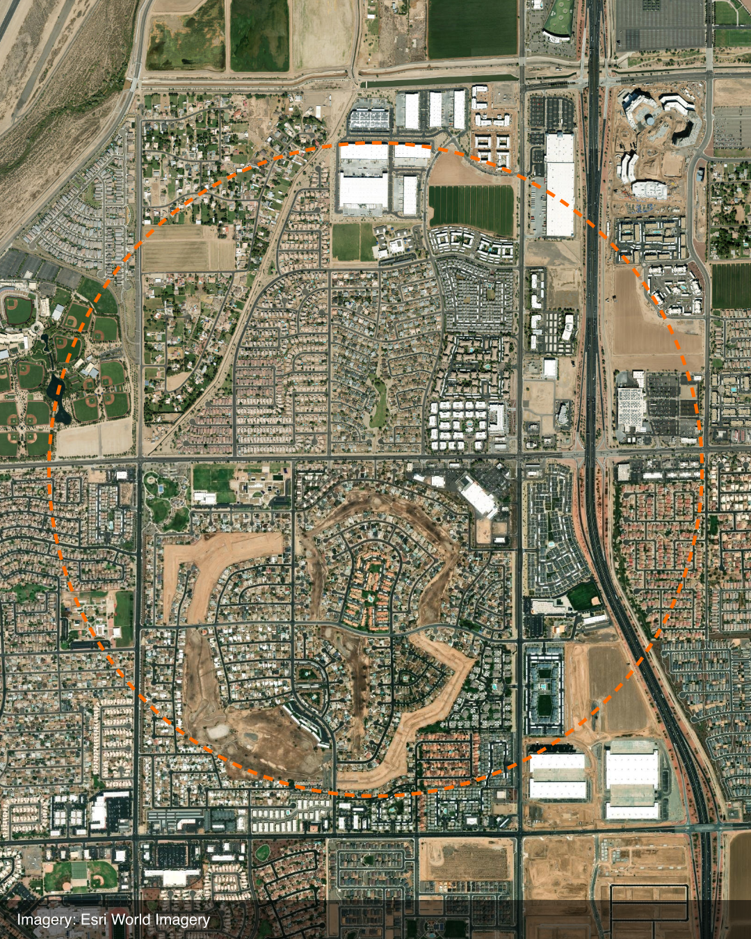 Satellite aerial showing the roughly 665-acre Algodón Center parcel boundary outlined in orange near the US-101 Freeway in Phoenix, Arizona, with residential subdivisions, commercial pads, and undeveloped land visible inside the boundary.