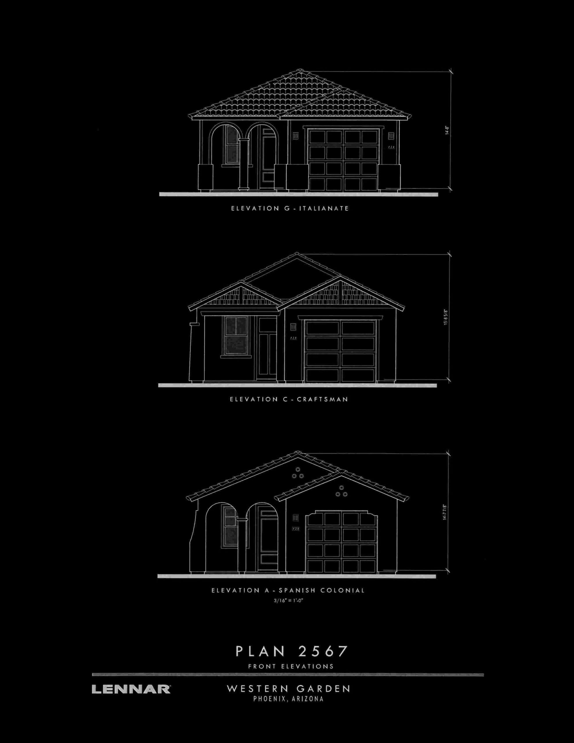 Architectural blueprint-style front elevation drawings for a Lennar home plan at Western Garden, Phoenix, showing Italianate, Craftsman, and Spanish Colonial exterior styles for single-story homes with attached two-car garages