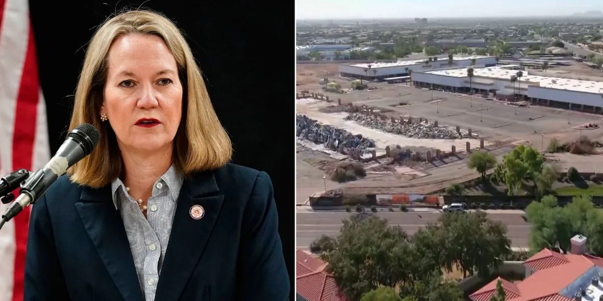 Split composite image: a woman speaks at a podium microphone on the left; an aerial view of a large commercial site with demolished structures and rubble piles surrounded by suburban development on the right.