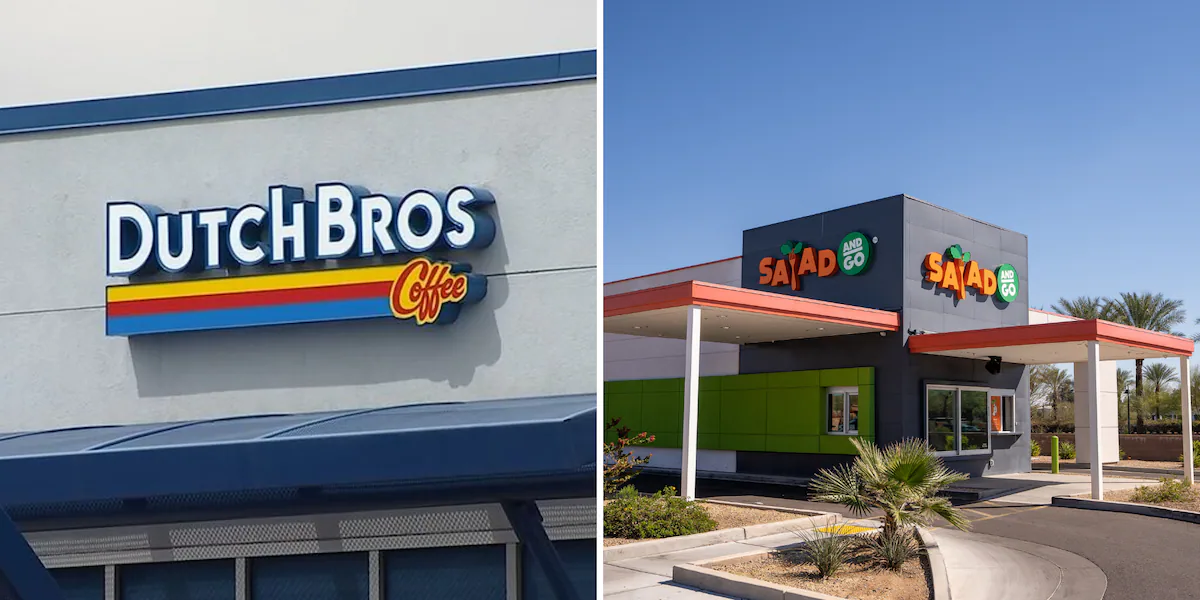 Split image showing a Dutch Bros Coffee building sign on the left and a Salad and Go drive-through restaurant exterior with green and dark grey facade on the right