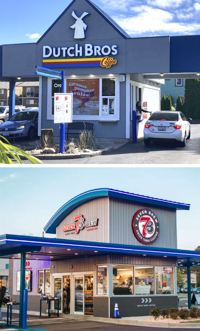Composite of two drive-thru coffee exteriors: Dutch Bros Coffee with windmill logo and white car at service window on top, and a Seven Brew Drive Thru Coffee location with teal accent roofing and neon blue trim on bottom