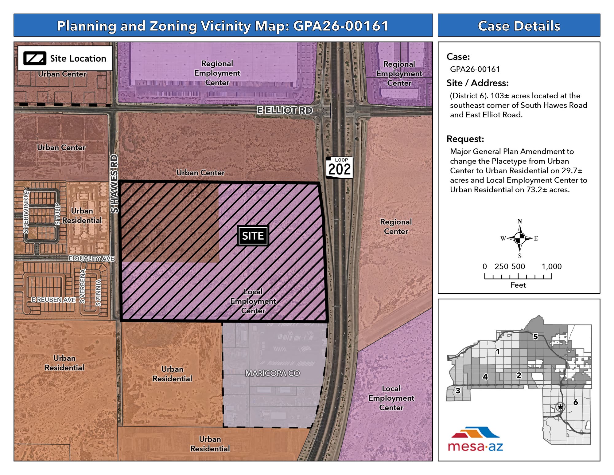 Official City of Mesa planning vicinity map for case GPA26-00161 showing the 103-acre site at the southeast corner of South Hawes Road and East Elliot Road with hatched overlay indicating proposed placetype changes from Urban Center and Local Employment Center to Urban Residential