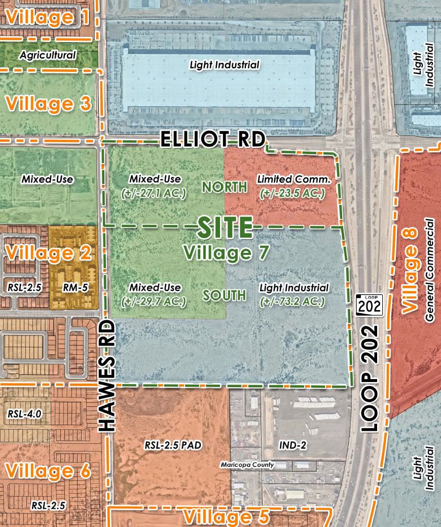 Annotated aerial land-use exhibit showing the approximately 103-acre Village 7 site at the southeast corner of Hawes Road and Elliot Road, with color-coded zones for Mixed-Use North, Mixed-Use South, Limited Commercial, and Light Industrial areas adjacent to Loop 202