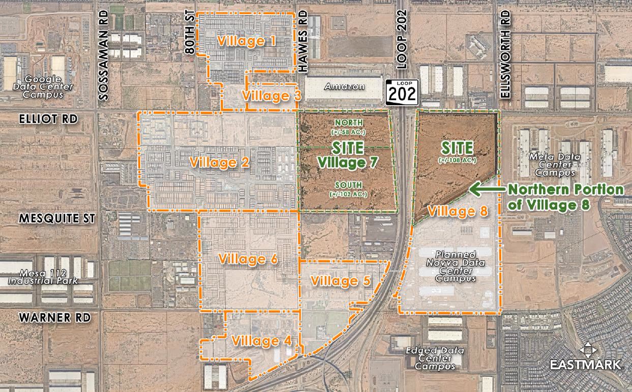 Satellite aerial overview of the Hawes Crossing master-planned community in Mesa, Arizona, with orange dashed boundaries delineating Villages 1 through 8 and green dashed outlines highlighting the Village 7 site and the northern portion of Village 8 flanking Loop 202