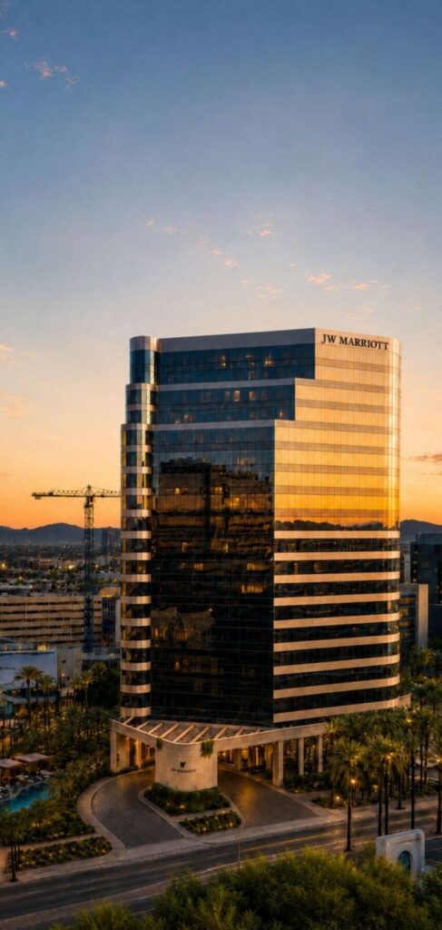Aerial dusk photograph of a glass office tower in Phoenix, Arizona, with golden sunset light reflecting off its curtain-wall facade, palm trees lining the entrance drive, and mountains visible on the horizon.