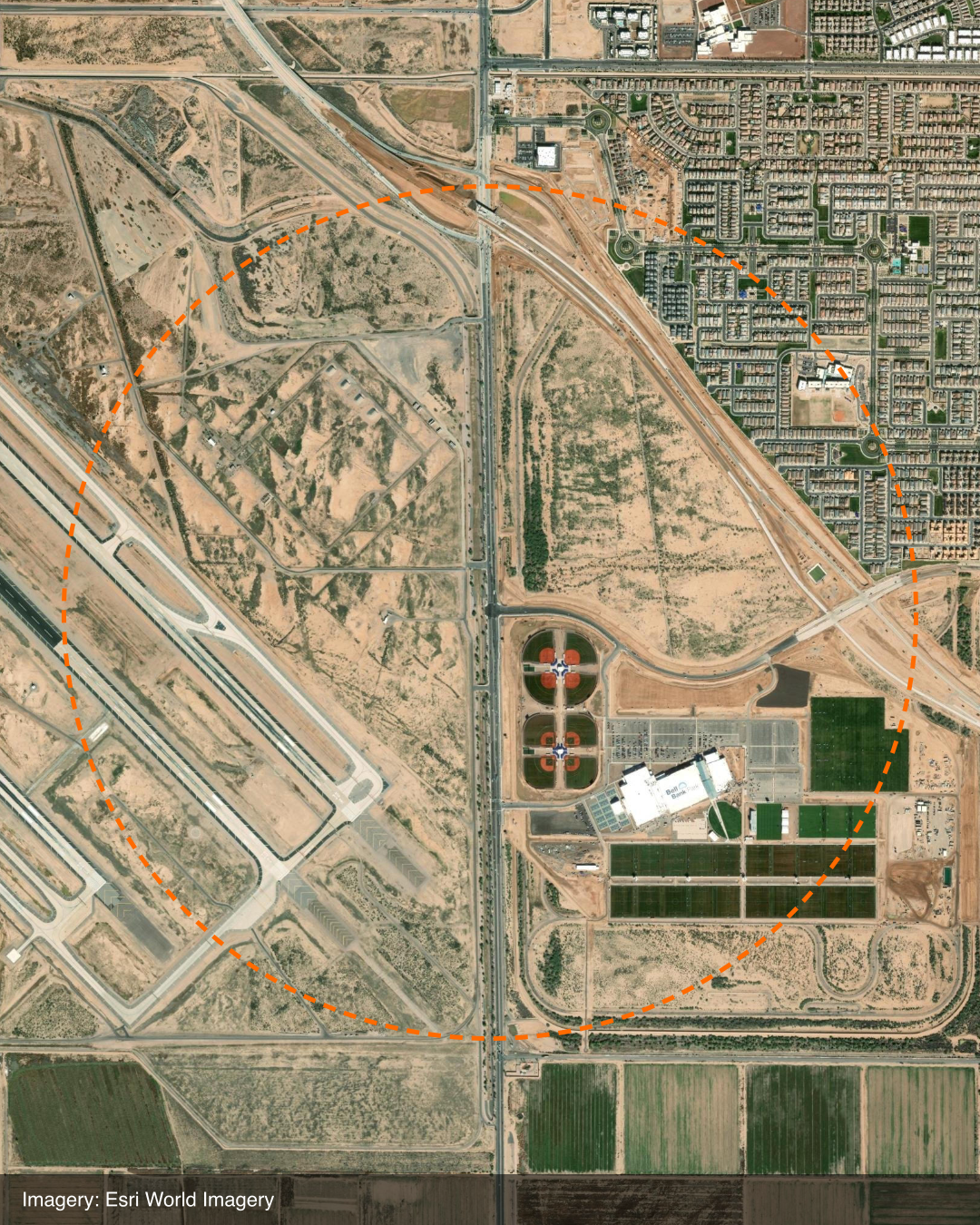 Satellite map showing the Legacy Park site location at South Ellsworth Road and East Williams Field Road in Mesa, Arizona 85212