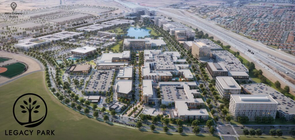 Aerial architectural rendering of Legacy Park mixed-use development at South Ellsworth Road and East Williams Field Road in Mesa, Arizona, showing commercial buildings, a central water feature, green spaces, and surrounding road infrastructure including SR-24, with the Legacy Park logo in the lower-left corner