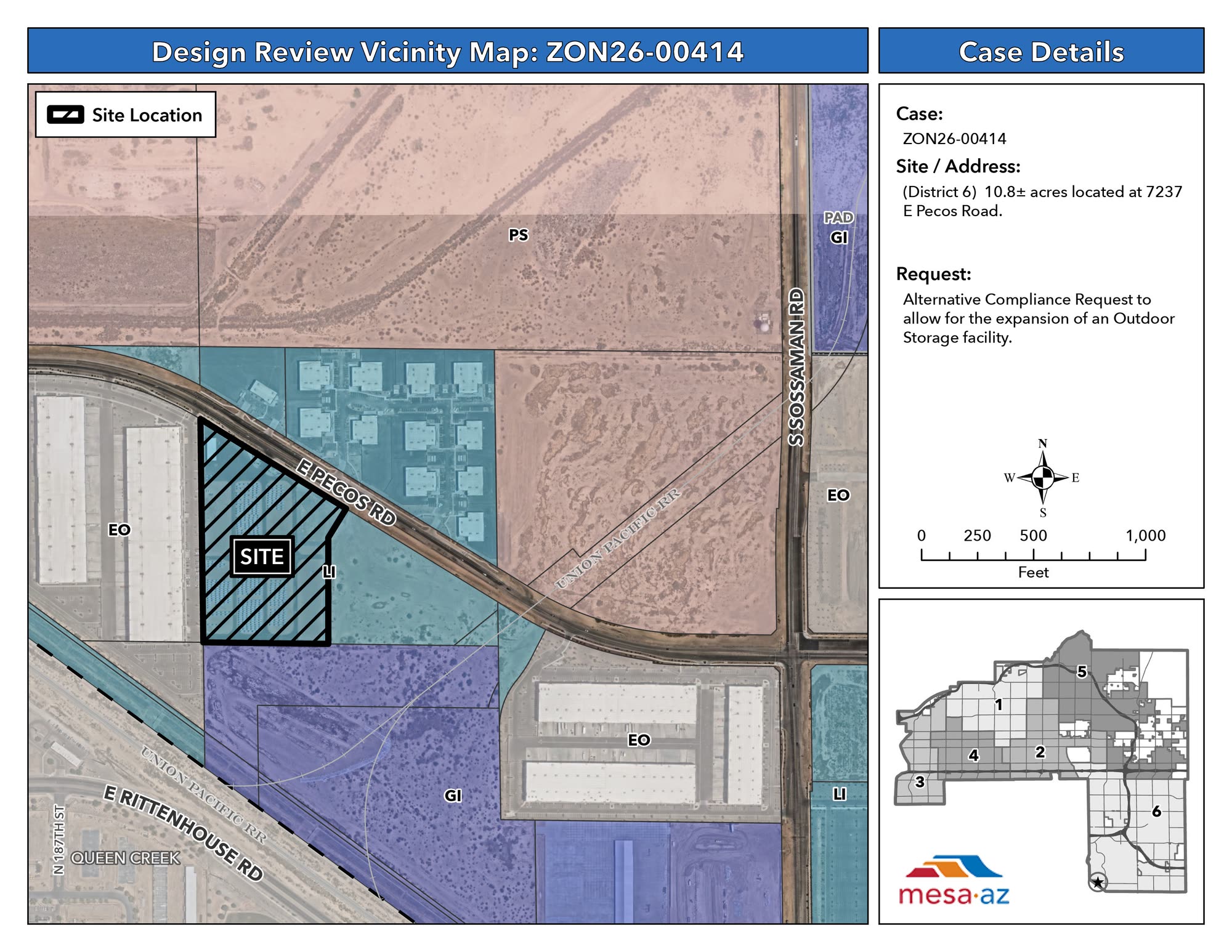Official City of Mesa Design Review Vicinity Map for case ZON26-00414, showing the 10.8-acre site at 7237 E Pecos Road marked with a hatched polygon near the Union Pacific Railroad, surrounded by EO, LI, GI, and PS zoning designations.