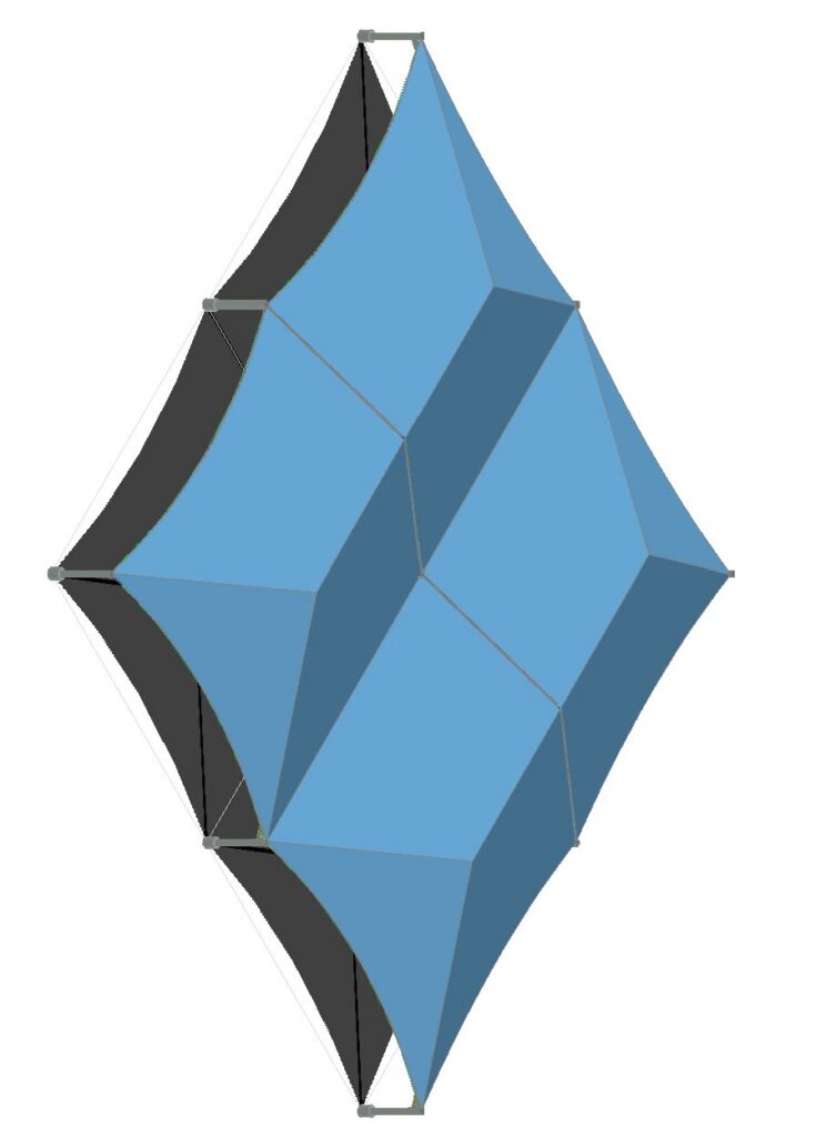 A 3D architectural rendering of a diamond-shaped canopy structure with faceted blue panels and dark recessed gaps, shown in perspective view as part of the Magna Steyr canopy design for 7237 E Pecos Road in Mesa.