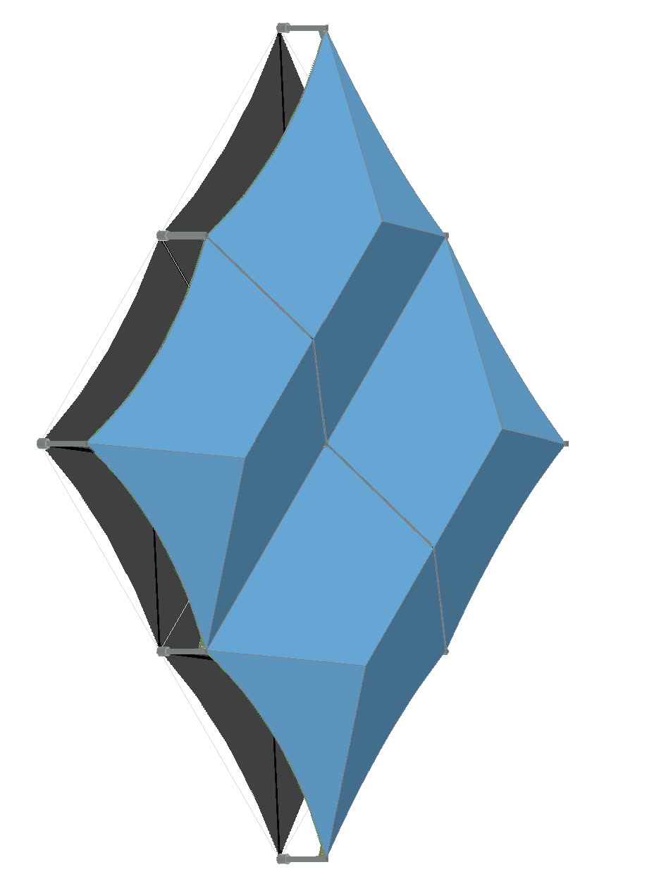 A 3D architectural rendering of a diamond-shaped canopy structure with faceted blue panels and dark recessed gaps, shown in perspective view as part of the Magna Steyr canopy design for 7237 E Pecos Road in Mesa.