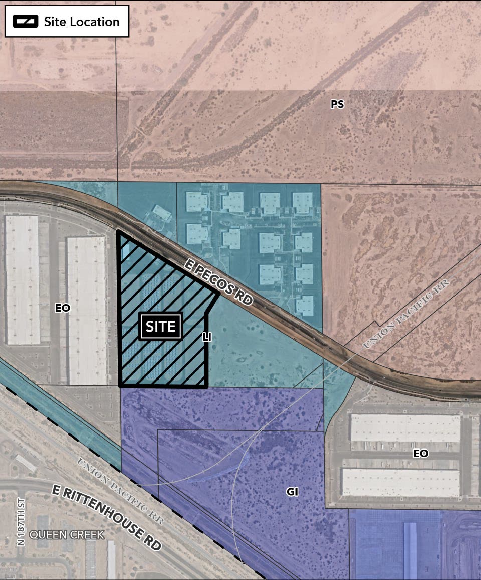 Zoning and site location aerial map showing the approximately 10.8-acre triangular SITE parcel at 7237 E Pecos Road in Mesa, outlined in bold black with diagonal hatching, surrounded by LI, EO, GI, and PS zoning designations near the Union Pacific Railroad and E Rittenhouse Road.