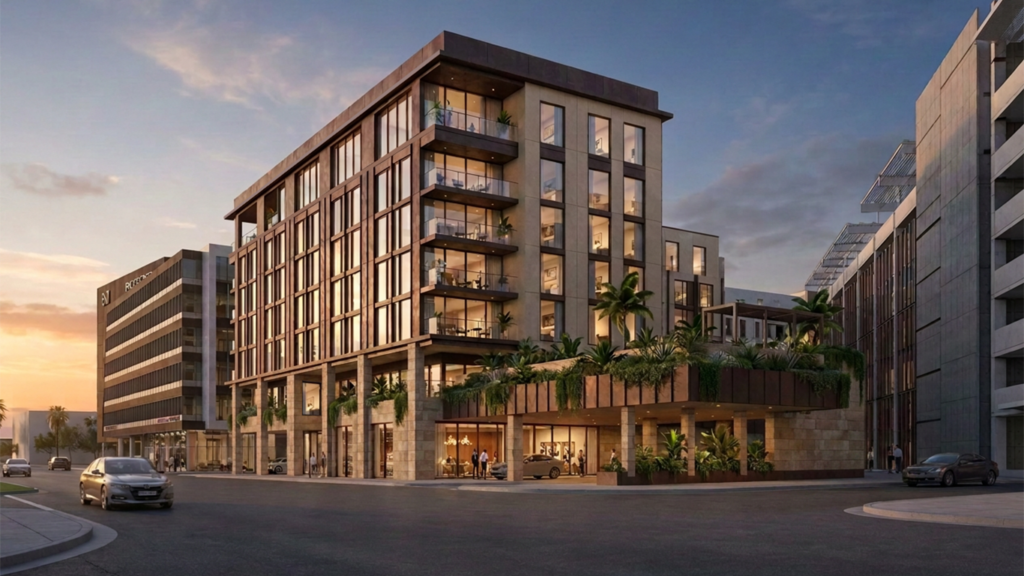 Architectural rendering of a modern 8-story hotel building with warm interior lighting, glass facades, balconies with greenery, and a covered entrance canopy at street level at dusk