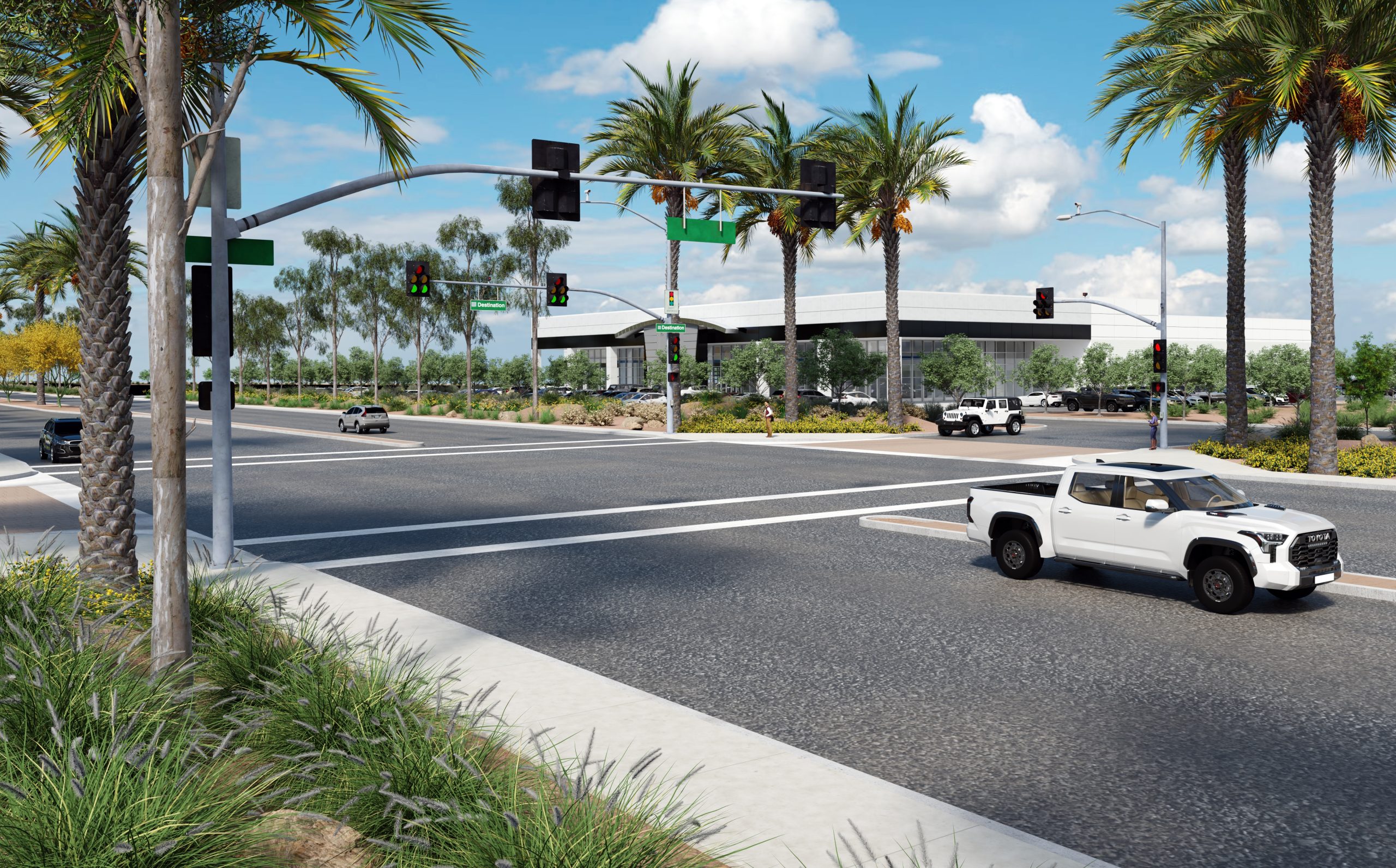 Architectural rendering of a modern auto dealership at a landscaped intersection with palm trees, traffic signals, and vehicles in the foreground