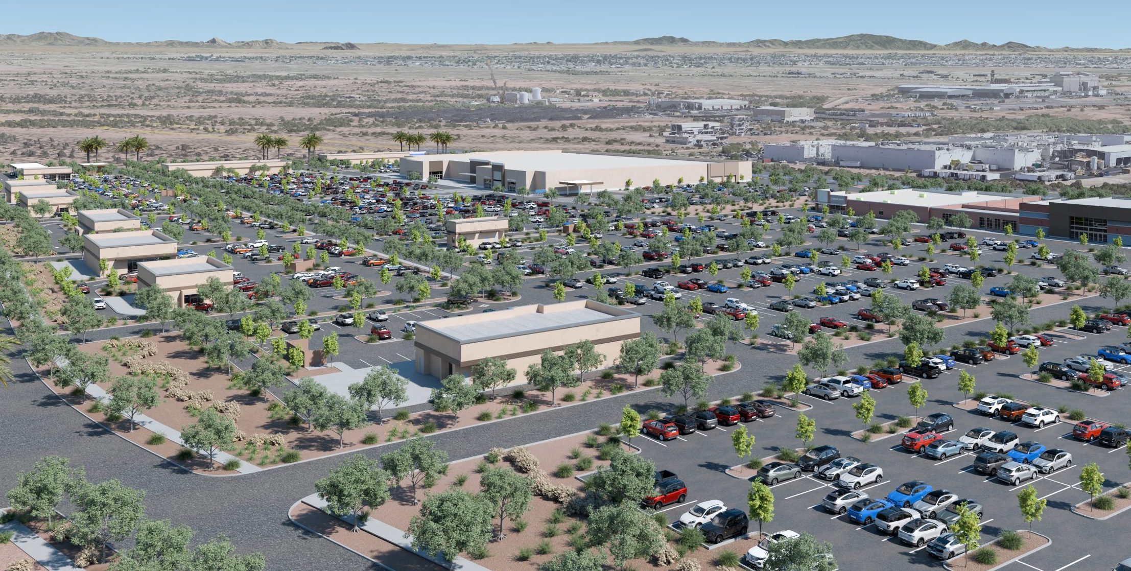 Aerial architectural rendering of Destination at Gateway showing surface parking lots with tree islands, multiple beige commercial buildings, and an arid desert and mountain backdrop