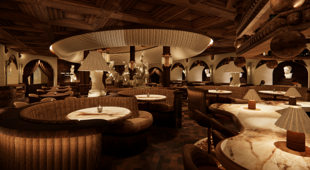 Architectural rendering of a luxurious restaurant interior featuring curved wood-paneled circular booths, onyx marble tabletops, oversized fabric lampshades, classical white figurative sculptures used as lamp bases, ornate coffered wooden ceiling with a draped fabric canopy, and arched niches displaying white busts along the walls at Roman God of Fire in Tempe