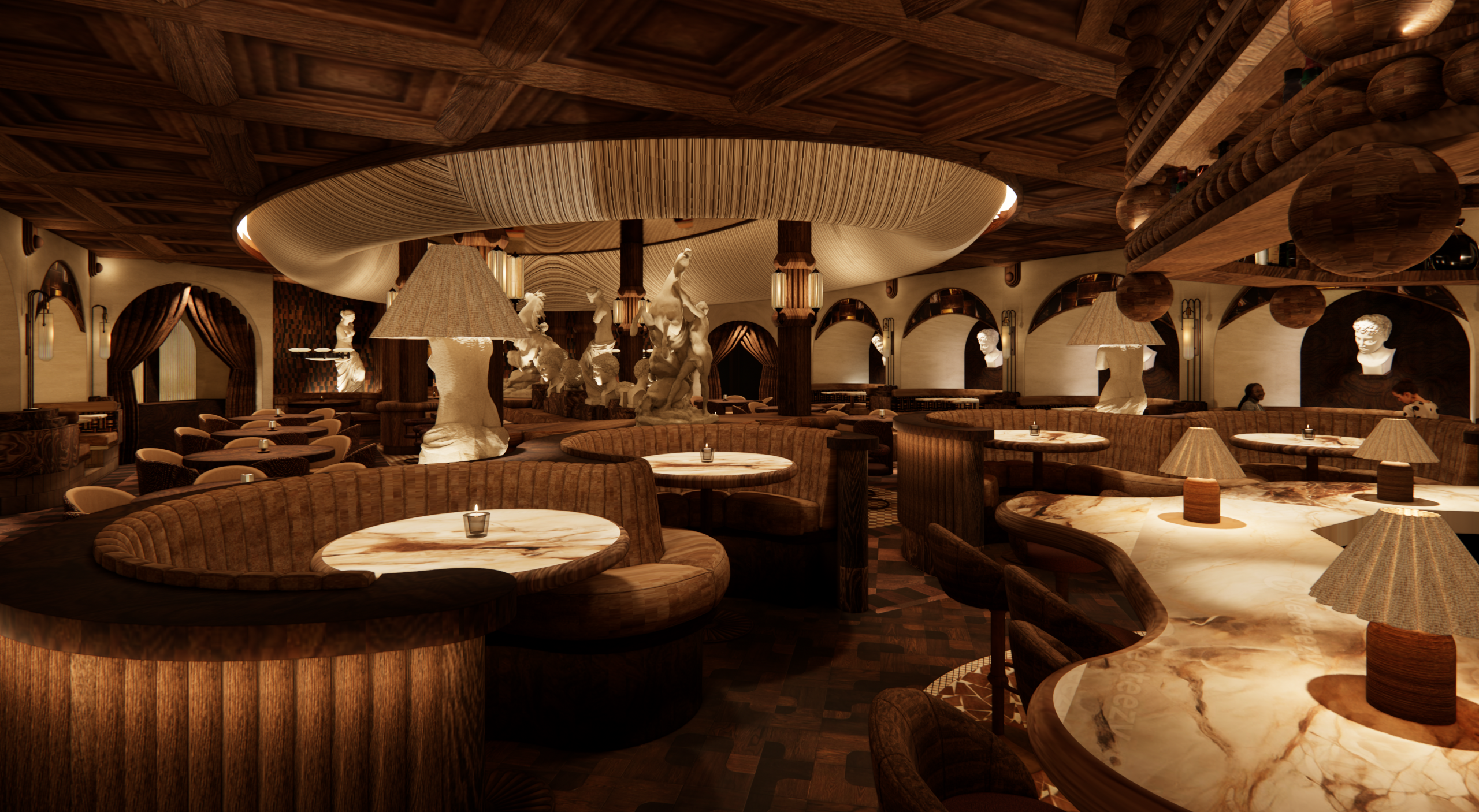 Architectural rendering of a luxurious restaurant interior featuring curved wood-paneled circular booths, onyx marble tabletops, oversized fabric lampshades, classical white figurative sculptures used as lamp bases, ornate coffered wooden ceiling with a draped fabric canopy, and arched niches displaying white busts along the walls at Roman God of Fire in Tempe