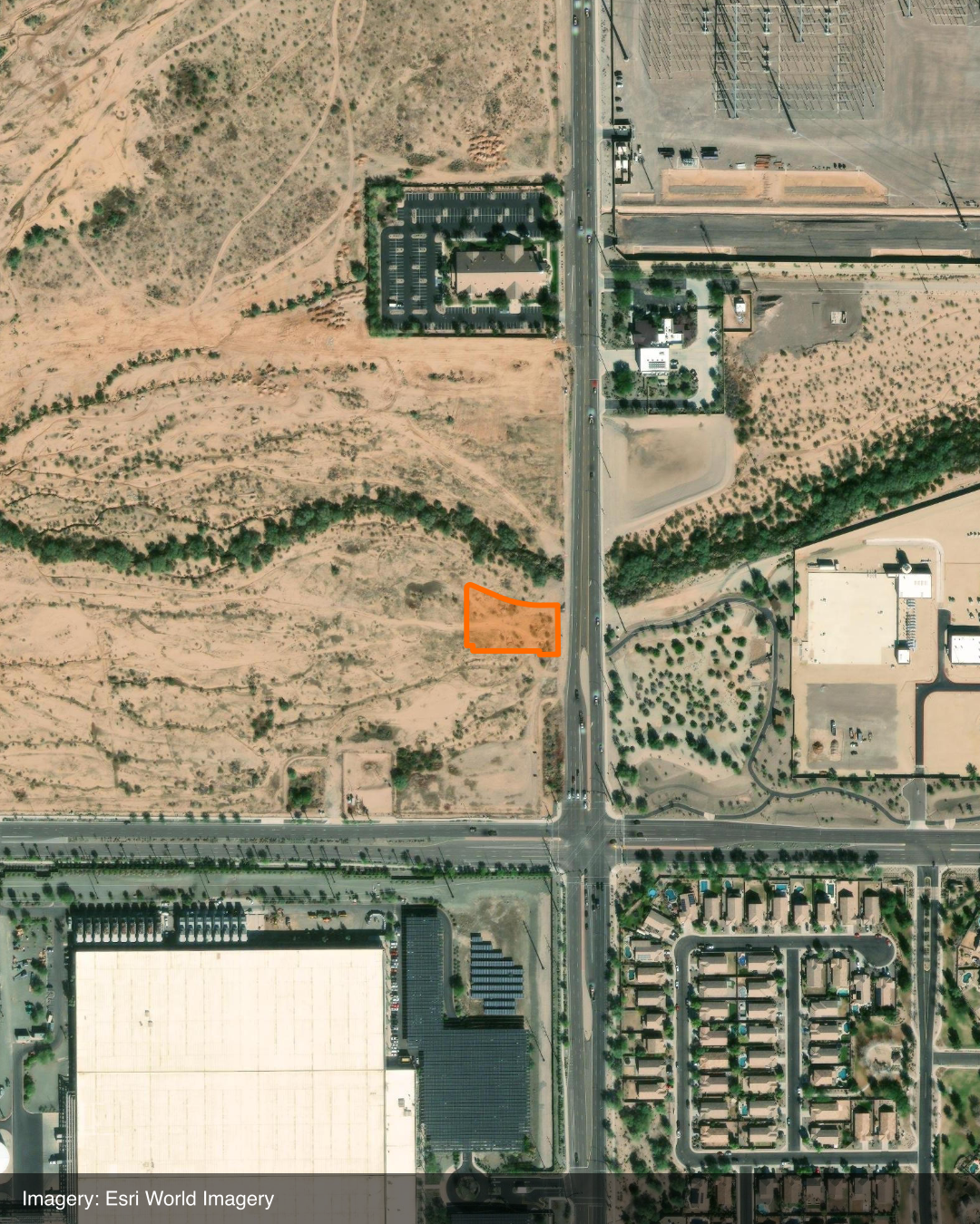 Aerial satellite view of the Signal Butte Road and Elliot Road area in East Mesa, Arizona, showing the surrounding neighborhood and commercial corridor context near the proposed Oregano's Pizza Bistro site at 3506 South Signal Butte Road