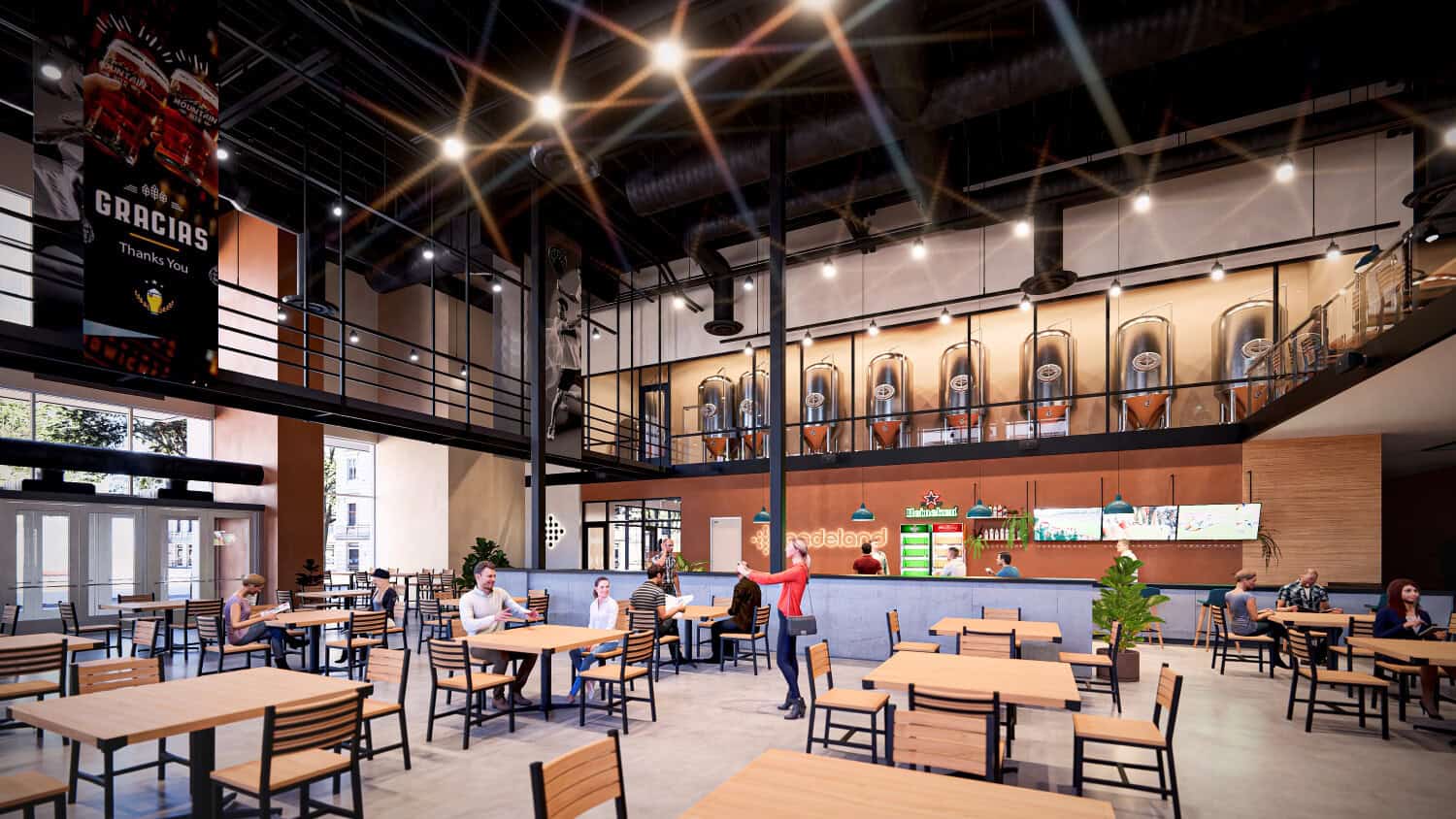 Architectural rendering of the Padeland brewery taproom interior showing conical fermentation tanks on a mezzanine, string lights, pendant lights, a Heineken-branded bar, TV screens, and patrons dining.
