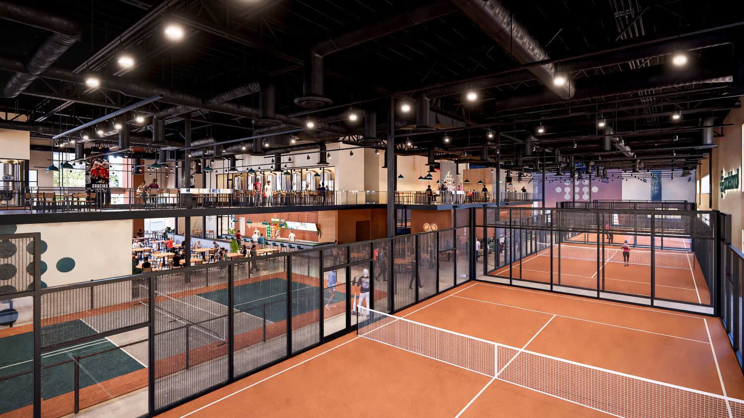 Architectural rendering of Padeland showing orange clay-surface padel courts enclosed in metal mesh cages on the ground floor, with a mezzanine-level bar and brewery equipment visible above.