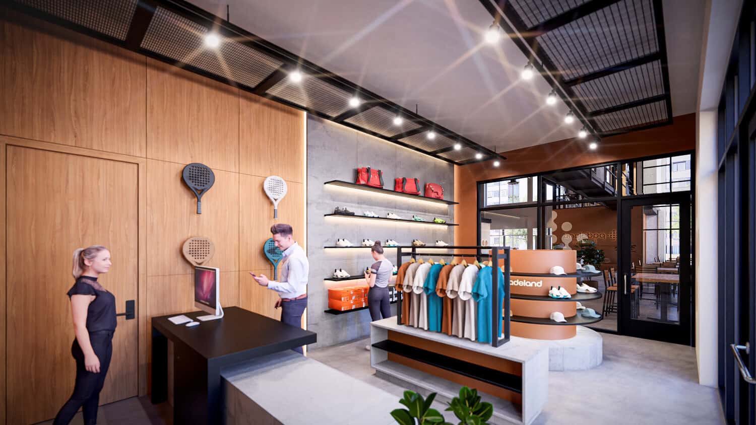 Architectural rendering of the Padeland pro shop interior with padel rackets on a wood-paneled wall, shelved sneakers, a clothing rack with teal and neutral apparel, and a reception desk.