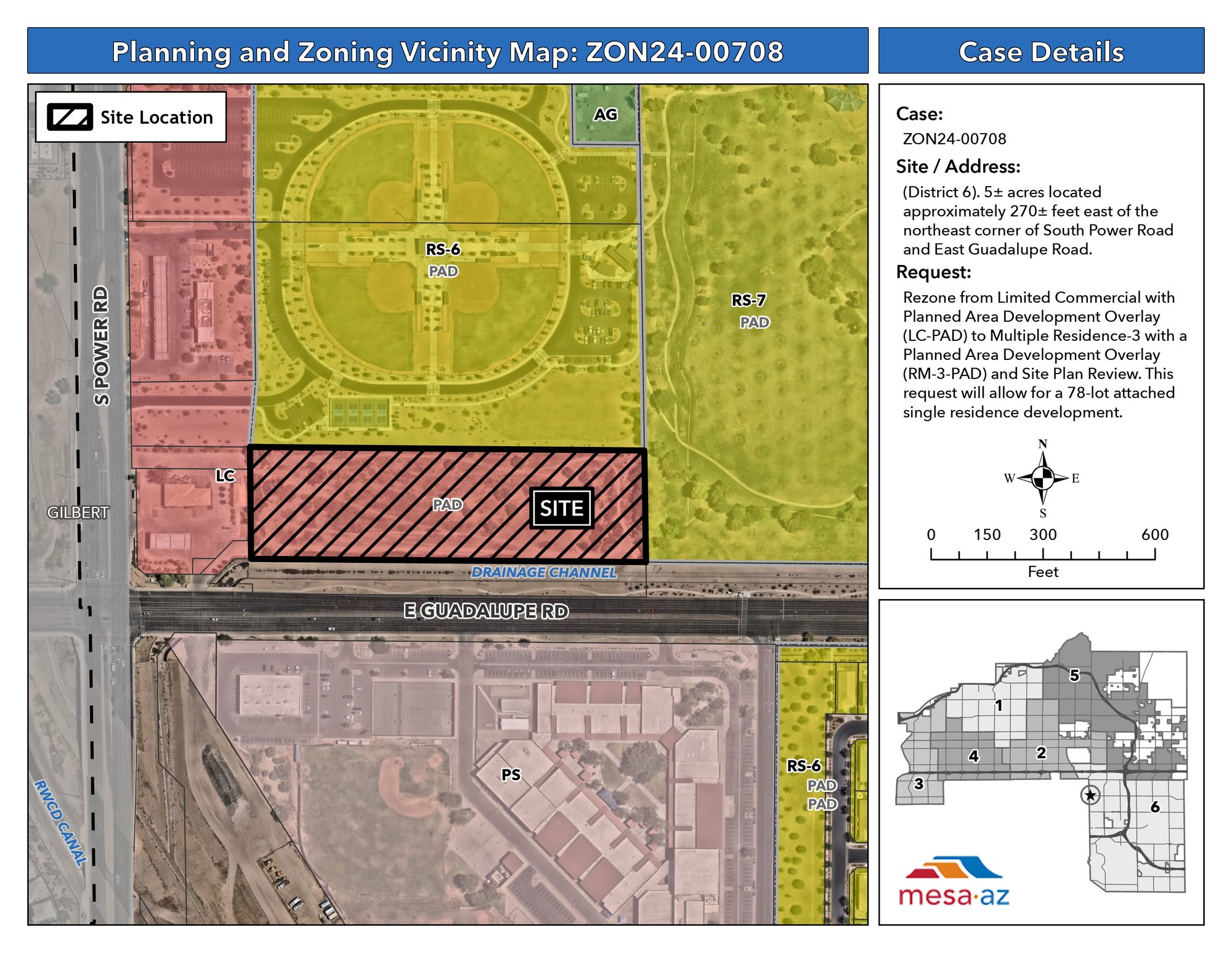 Official Planning and Zoning Vicinity Map for case ZON24-00708 showing the hatched subject parcel northeast of South Power Road and East Guadalupe Road with surrounding RS-6, RS-7, LC, AG, and PS zoning designations