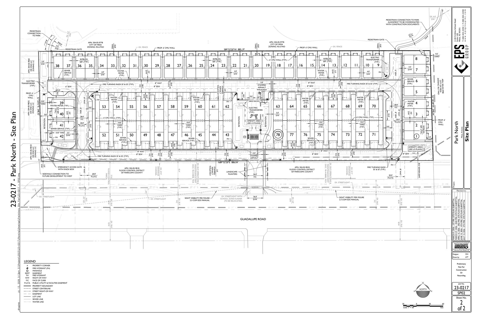 Detailed engineering site plan labeled Park North showing the full parcel layout along Guadalupe Road in Mesa with numbered units 1 through 78, utility lines, retention areas, and amenity areas