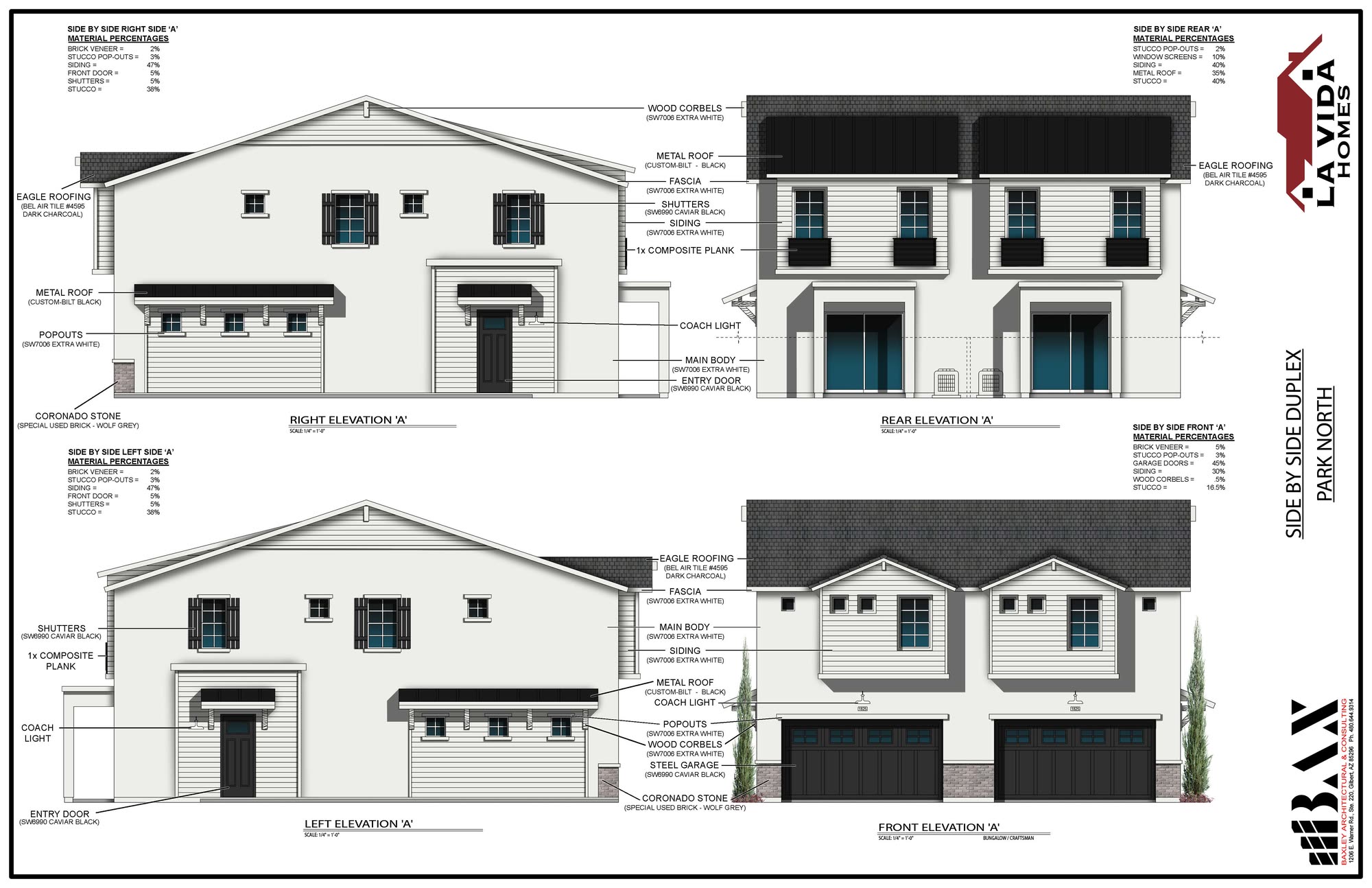 Architectural elevation sheet showing four views of a side-by-side duplex bungalow and craftsman design labeled Park North by La Vida Homes, with material callouts including Eagle Roofing dark charcoal tile, SW7006 Extra White stucco and siding, and Coronado Stone wolf grey brick veneer