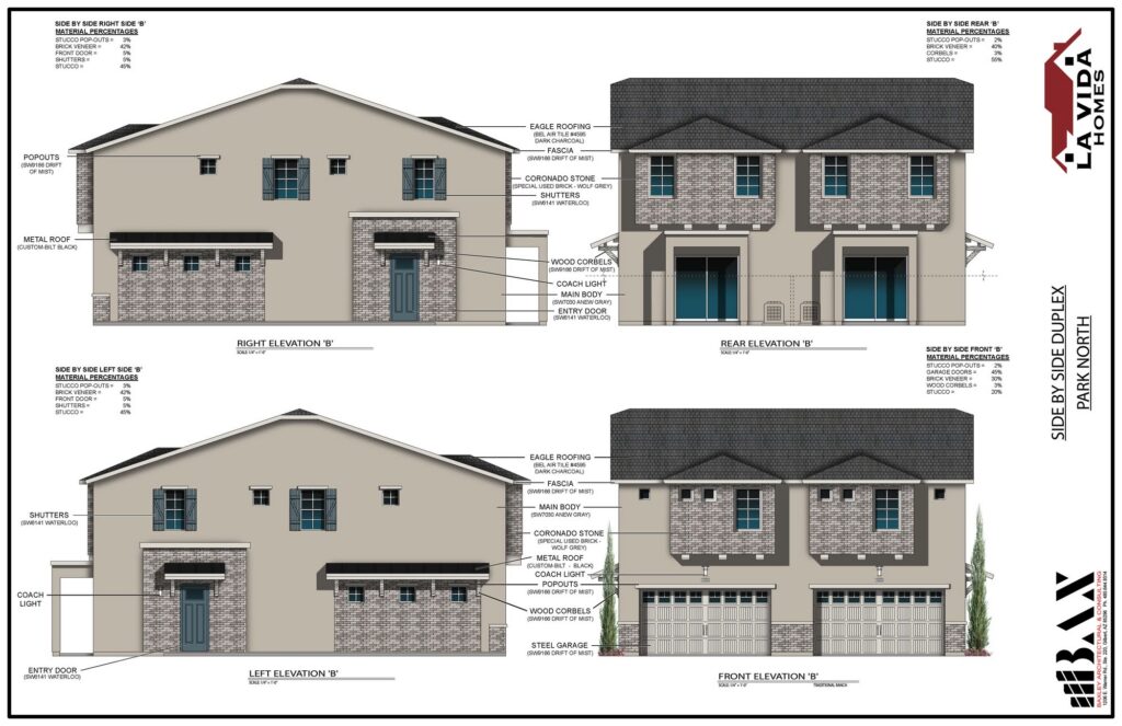 Architectural elevation sheet labeled Side by Side Duplex Park North showing four exterior elevations — right, rear, left, and front — of Elevation B, with material callouts including Eagle Roofing dark charcoal tile, Coronado Stone wolf grey brick veneer, SW7030 Anew Gray main body stucco, and SW6141 Waterloo entry doors and shutters, produced by BAX architecture for La Vida Homes