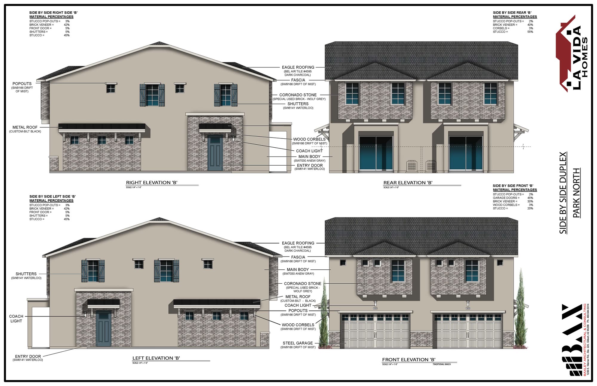 Architectural elevation sheet labeled Side by Side Duplex Park North showing four exterior elevations — right, rear, left, and front — of Elevation B, with material callouts including Eagle Roofing dark charcoal tile, Coronado Stone wolf grey brick veneer, SW7030 Anew Gray main body stucco, and SW6141 Waterloo entry doors and shutters, produced by BAX architecture for La Vida Homes