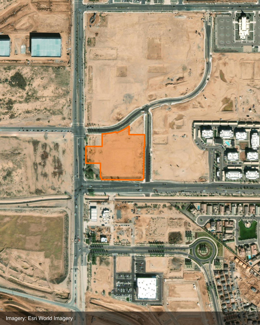 Satellite aerial view showing the neighborhood-scale context around 5131 S Ellsworth Road, Mesa, Arizona 85212, where Sprouts Farmers Market Store #55 is planned.