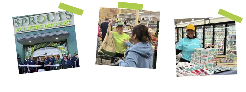 Three-panel collage of a Sprouts Farmers Market grand opening showing a ribbon-cutting ceremony, an employee handing a branded bag to a shopper, and a smiling employee near refrigerated cases.