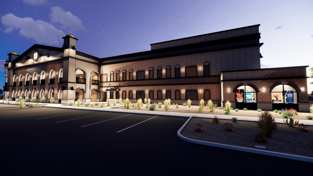 Architectural night rendering of a two-story brick concert venue with arched facades, a clock tower element, desert xeriscape landscaping, a parking lot in the foreground, and illuminated event poster displays on the right wing