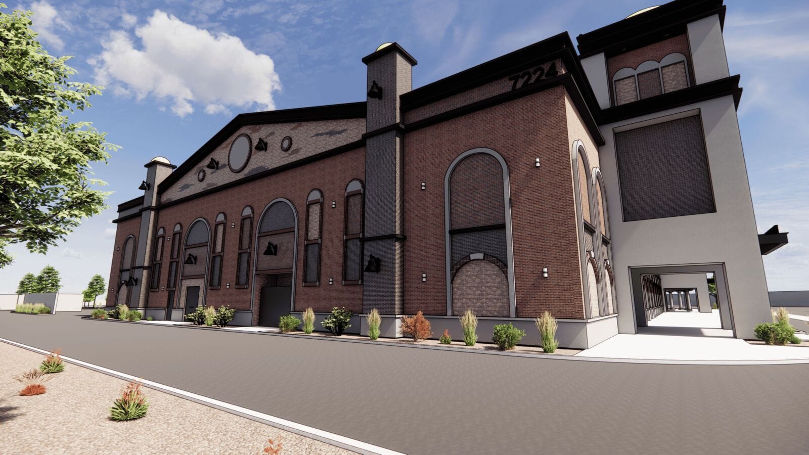 Architectural rendering of The Nox east elevation showing a large brick concert venue with arched windows, decorative gabled roofline, chimneys, and a modern white addition wing on the right surrounded by landscaping