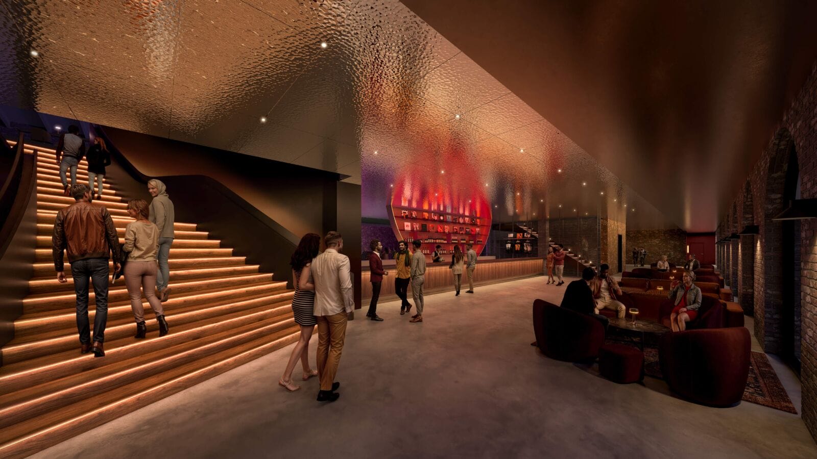 Rendering of The Nox first-floor lobby interior showing a textured copper ceiling, illuminated staircase with LED step lighting, a circular backlit bar display, and lounge seating with figures socializing