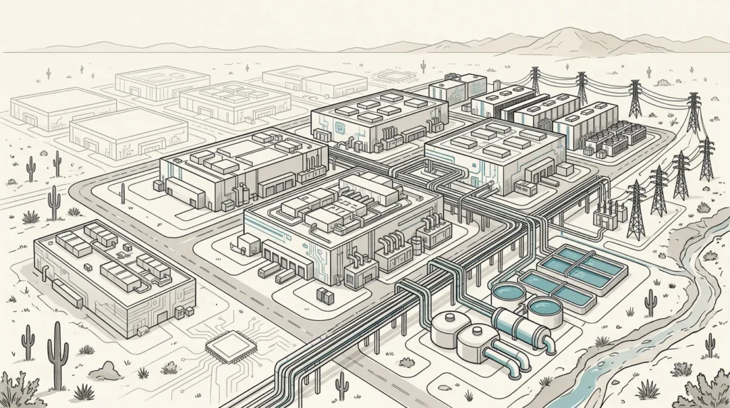 Isometric illustrated rendering of a large industrial campus in a desert landscape with server halls, water treatment tanks, cooling infrastructure, electrical towers, and cactus-dotted terrain