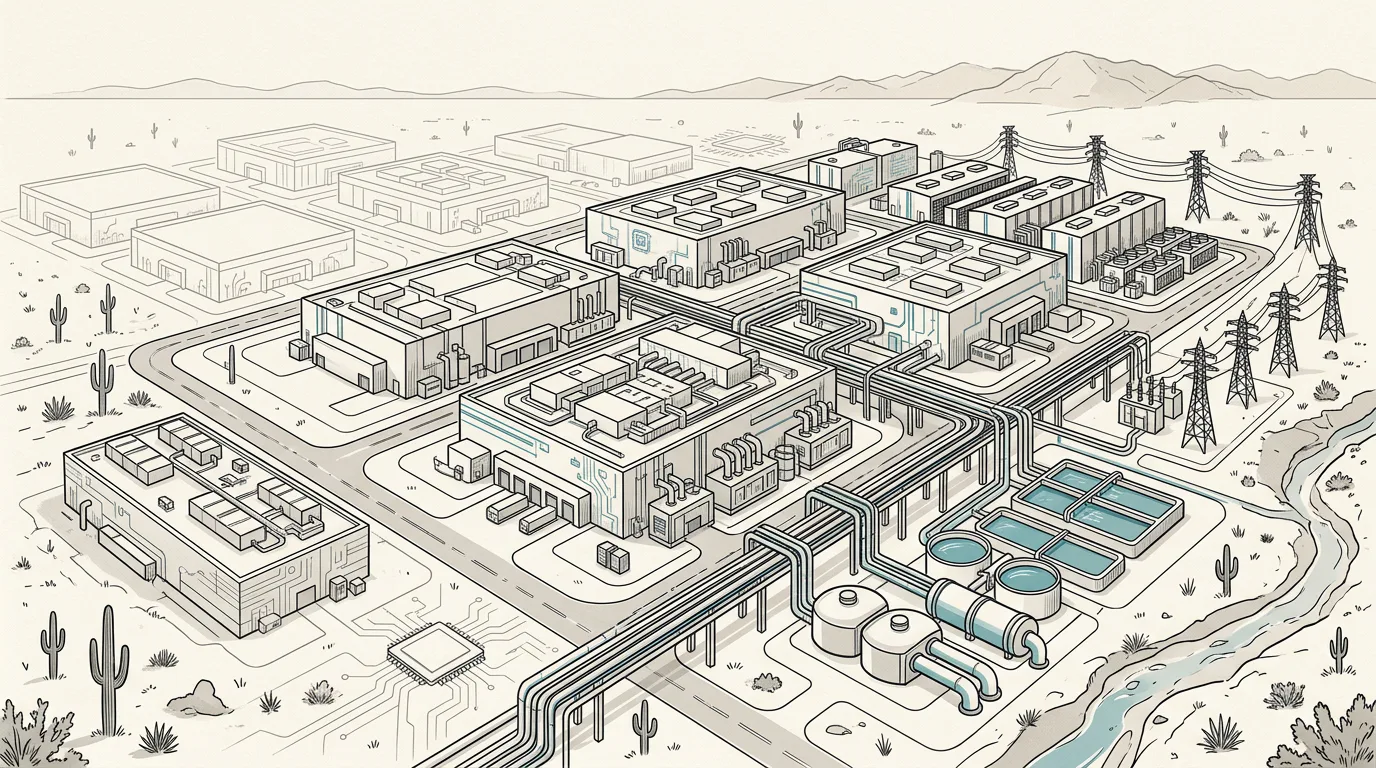 Isometric illustrated rendering of a large industrial campus in a desert landscape with server halls, water treatment tanks, cooling infrastructure, electrical towers, and cactus-dotted terrain